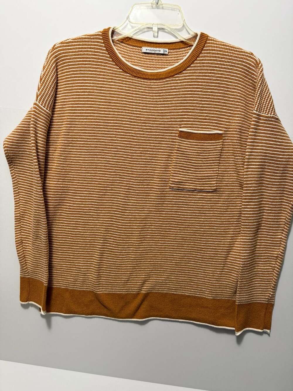 STACCATO Women's Brown Striped Crew Neck Knit Sweater with Pocket Size M